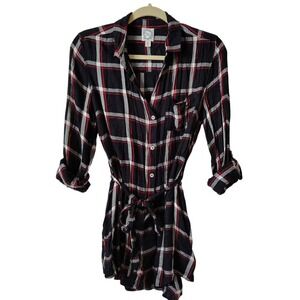 Blue Rain Women's Plaid Shirt Dress‎ Medium Tie Waist Roll Tab Sleeve Casual